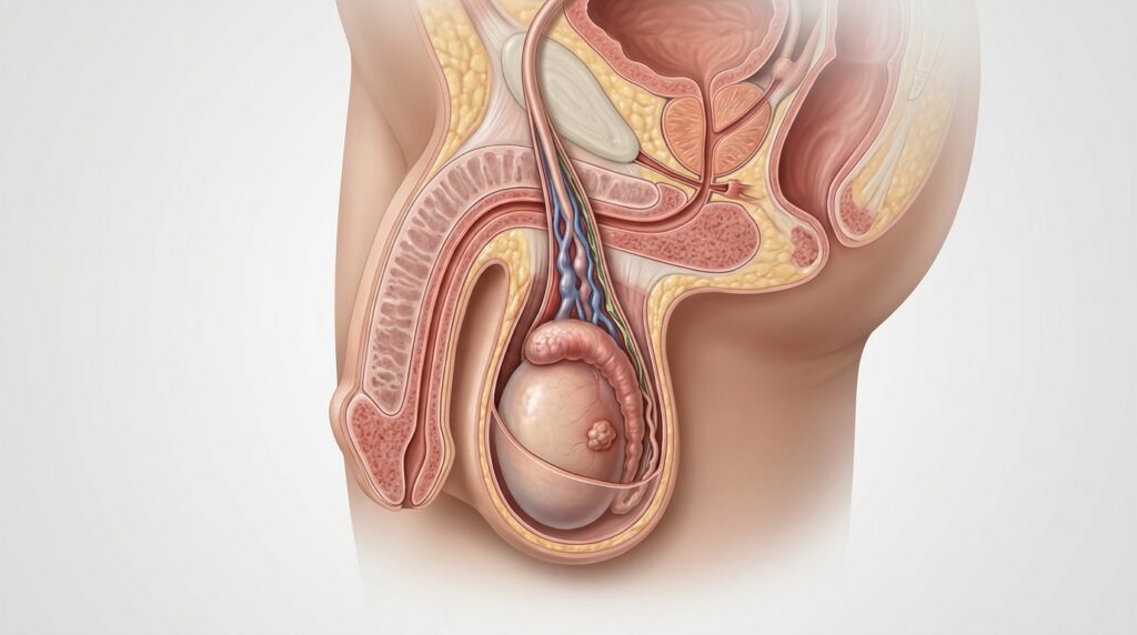 고환 주변의 다양한 질환을 나타내는 남성 생식기 해부학 일러스트