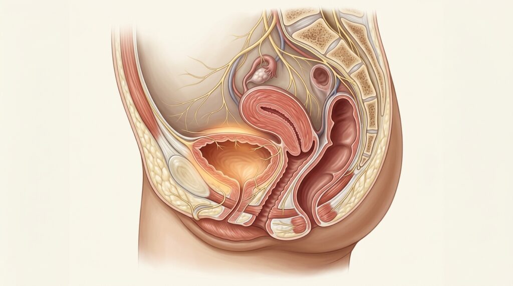 골반 내 방광과 주변 장기, 신경 해부도 일러스트