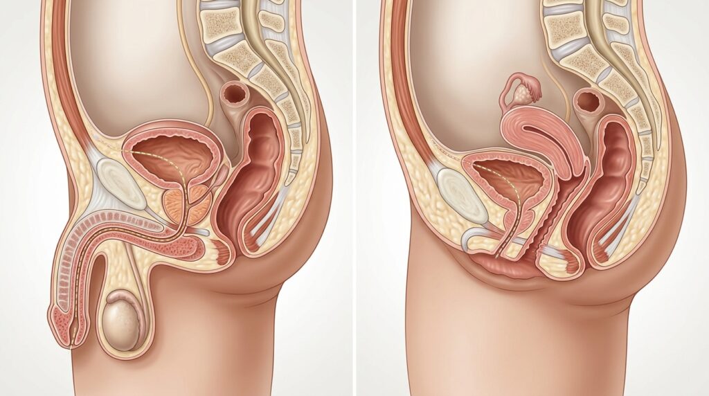 남성과 여성의 방광, 요도, 전립선(남성), 자궁(여성)을 보여주는 골반 부위 해부학 일러스트