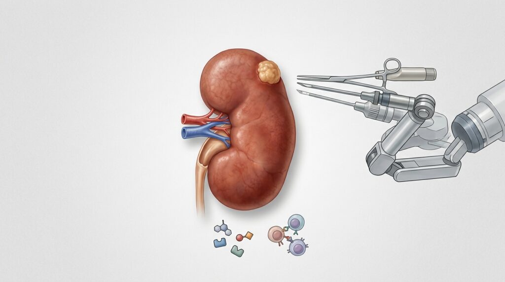 신장암의 치료 방법을 나타내는 이미지. 수술, 표적 치료, 면역 항암 치료를 상징하는 요소들이 함께 표현됨