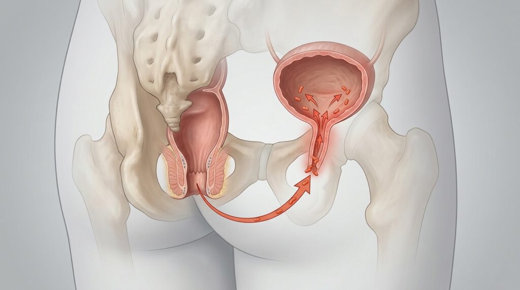 여성 요로 구조와 세균 감염 경로 일러스트