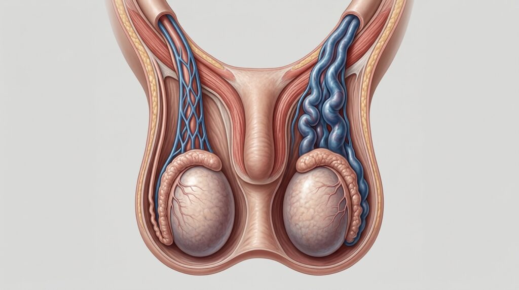 남성 생식기 해부학 일러스트, 정상 정맥과 늘어난 정계정맥류 혈관 비교